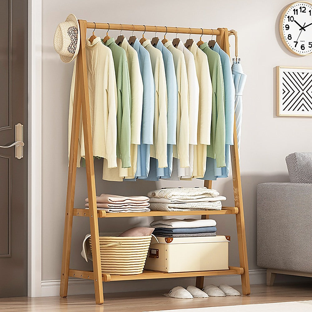 Portatable Garment Rack Portable Clothes Rack Coat Garment Stand Bamboo Rail Hanger Airer ...