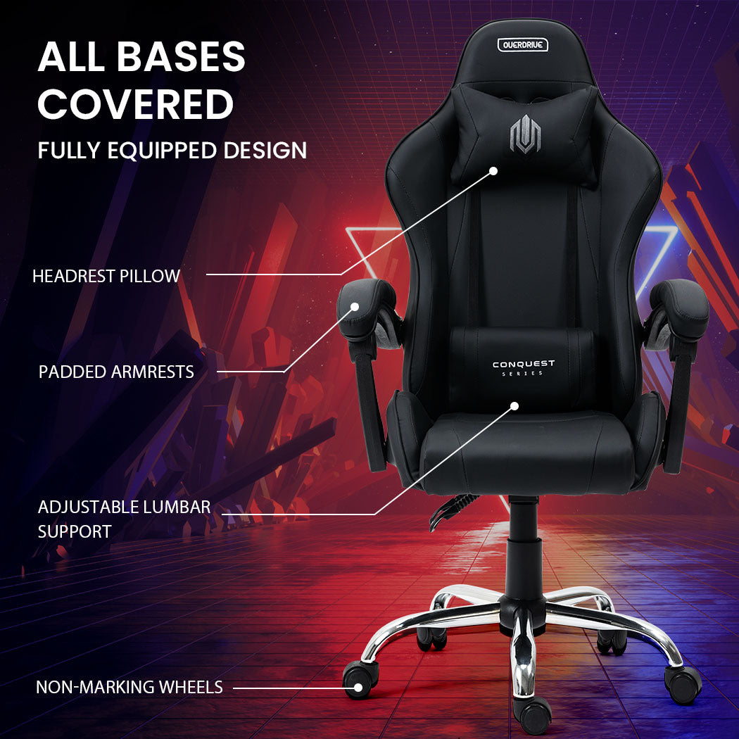 OVERDRIVE Conquest Series Reclining Gaming Ergonomic Office Chair with Lumbar and Neck Pillows, Black