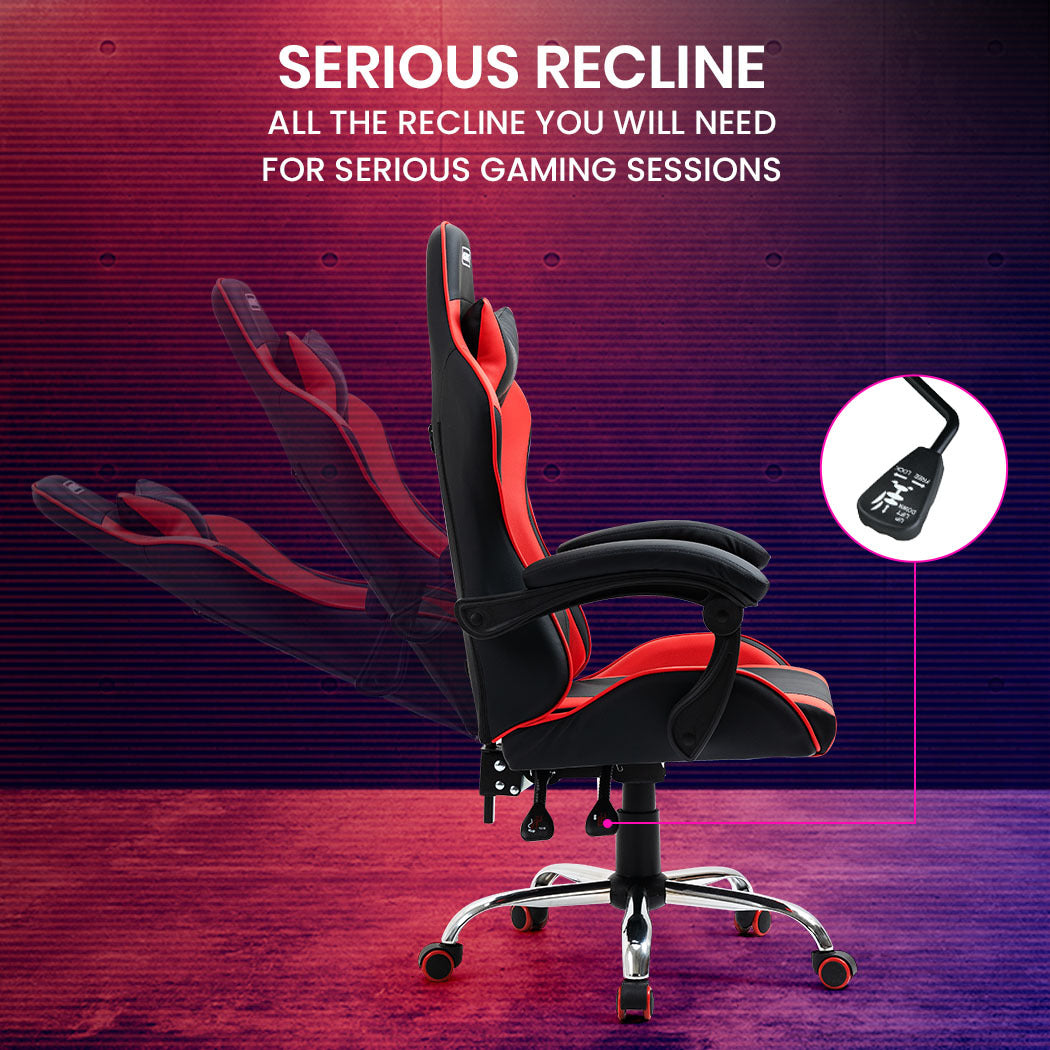 OVERDRIVE Conquest Series Reclining Gaming Ergonomic Office Chair with Lumbar and Neck Pillows, Black and Red