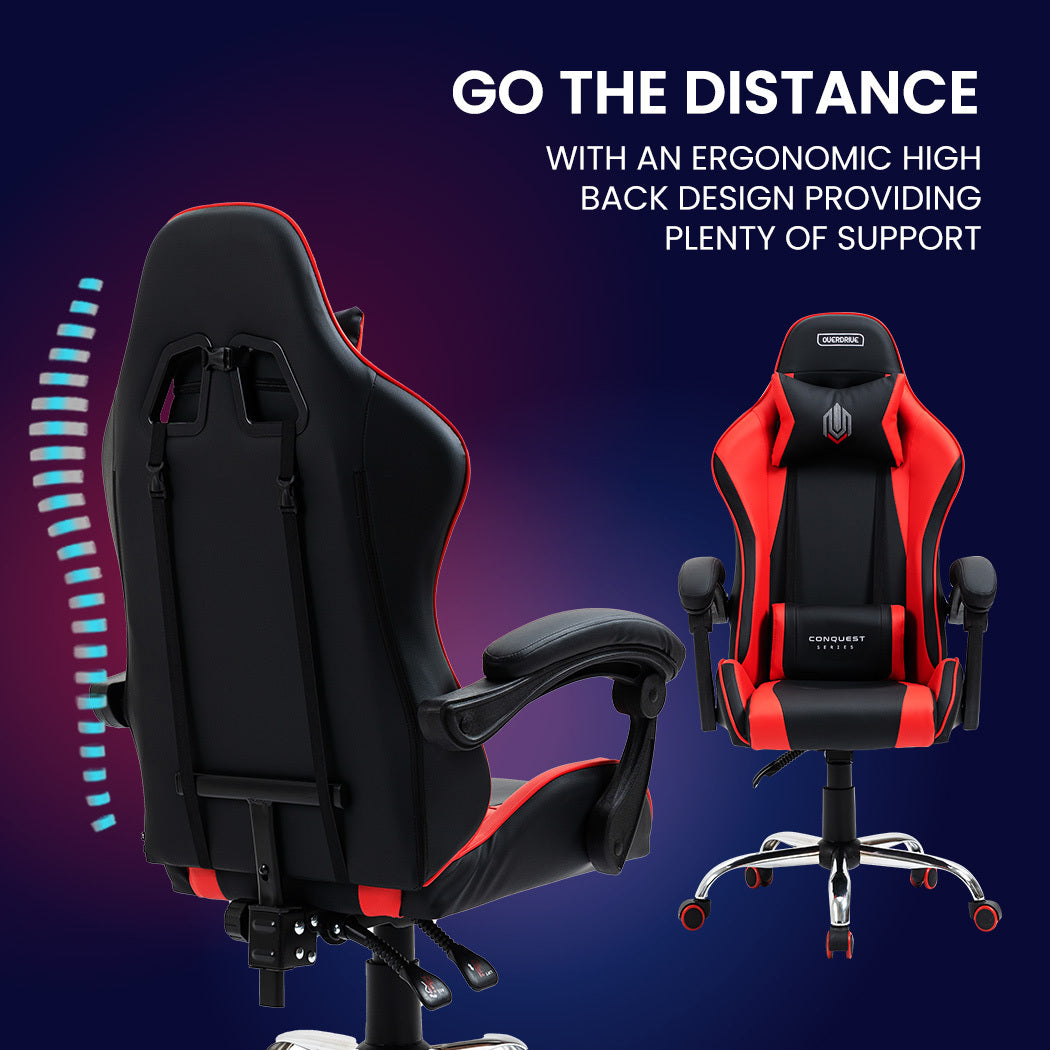 OVERDRIVE Conquest Series Reclining Gaming Ergonomic Office Chair with Lumbar and Neck Pillows, Black and Red