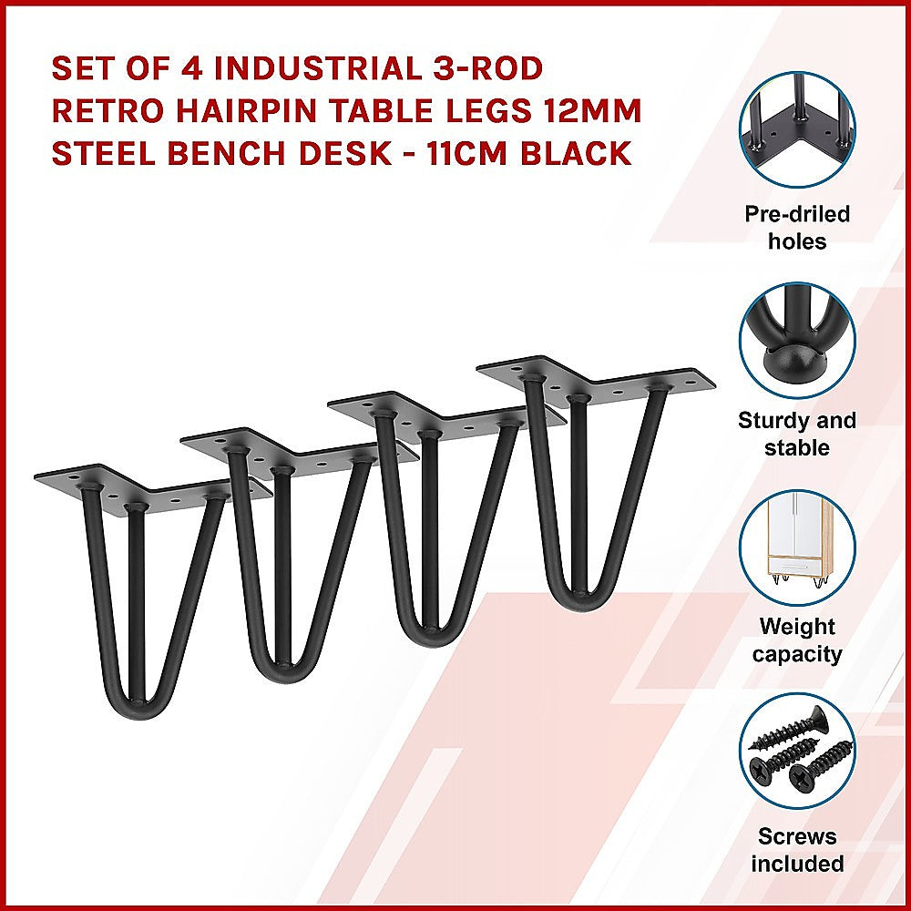 Set of 4 Industrial 3-Rod Retro Hairpin Table Legs 12mm Steel Bench Desk - 11cm Black