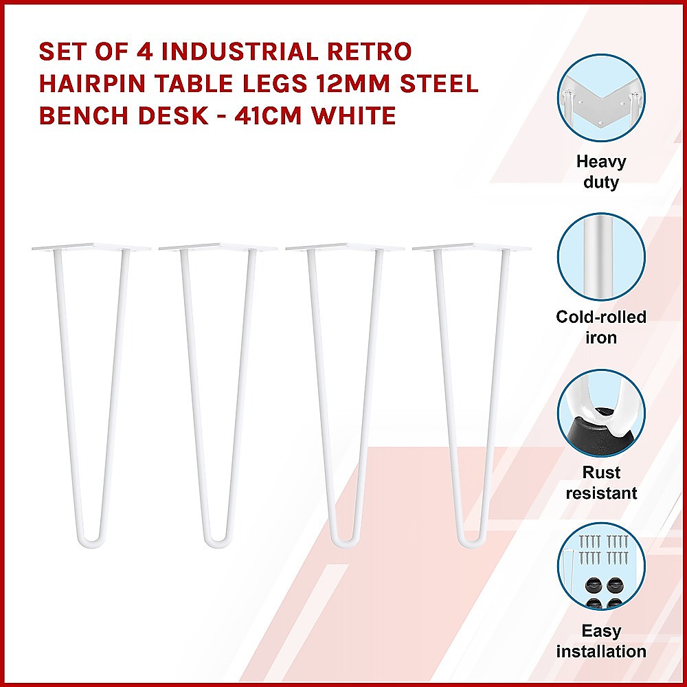 Set of 4 Industrial Retro Hairpin Table Legs 12mm Steel Bench Desk - 41cm White