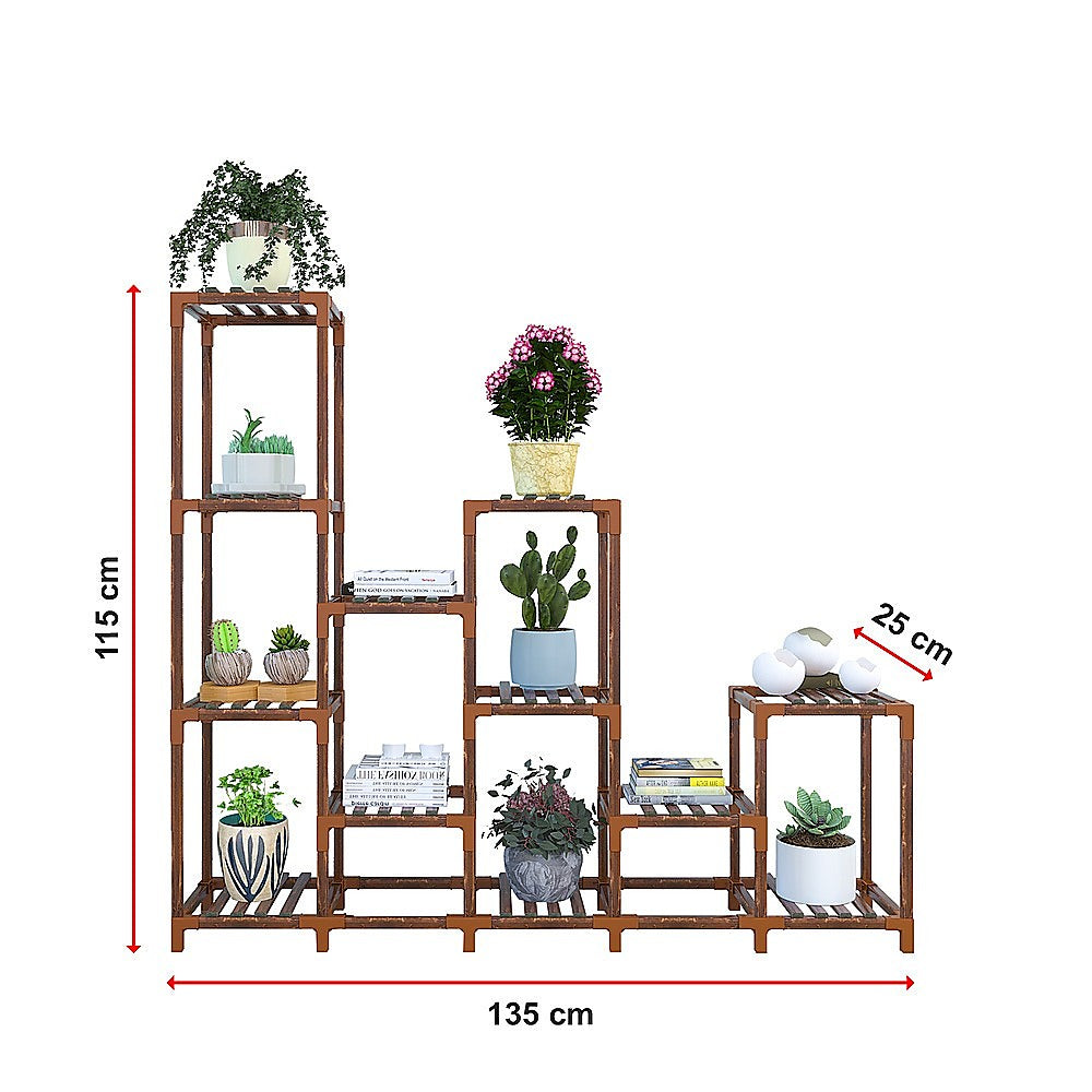 Indoor Outdoor Garden Plant Stand Planter Flower Pot Shelf Wooden Shelving - 12 Shelves